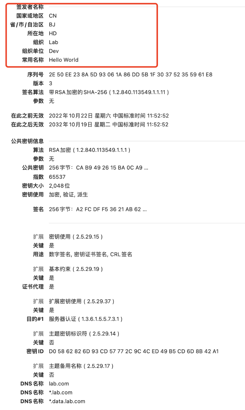 使用默认配置生成的证书基础信息